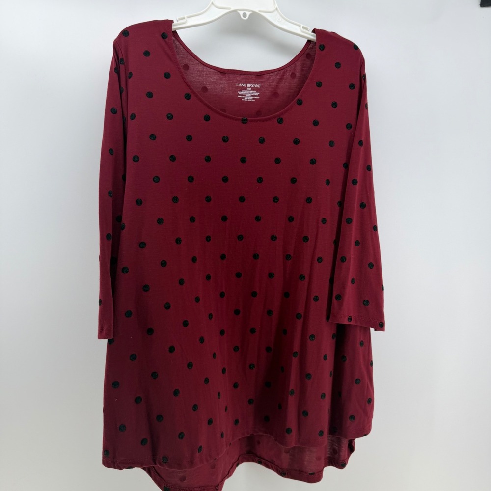 Lane Bryant Tunic Women 22/24 Burgundy Flocked Polka Dot Retro Lagenlook Office